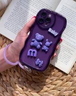 قاب موبایل آیفون بچه خرس اسمایل بنفش برجسته حلقه دار