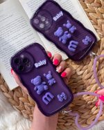 قاب موبایل آیفون بچه خرس اسمایل بنفش برجسته حلقه دار - تصویر 2