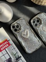 قاب موبایل آیفون پولکی نقره ای قلب مروارید برجسته - تصویر 2