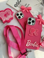 قاب موبایل آیفون باربی پاپیونی صورتی + بند بلند - تصویر 2