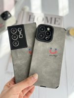 قاب موبایل آیفون چرم و جیر طوسی اسمایل محافظ لنزدار - تصویر 3