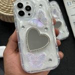 قاب موبایل آیفون آیینه قلبی پروانه برجسته