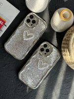 قاب موبایل آیفون پولکی نقره ای قلب مروارید برجسته - تصویر 3