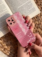 قاب موبایل آیفون سری لبخند صورتی چهارخونه محافظ لنزدار - تصویر 3