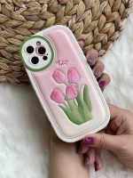 قاب موبایل آیفون گل لاله برجسته تولیپ صورتی