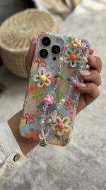 قاب موبایل ( آیفون ) گل بابونه رنگی رنگی برجسته + بندست - تصویر 2