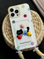 قاب موبایل آیفون گربه خوش قلب توپی جاکارتی بنددار