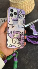 قاب موبایل آیفون گربه دراز سوسیسی بنفش پایه استندشو + بندست - تصویر 2
