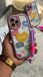 قاب موبایل آیفون لبخند قلبی محافظ لنزدار + بندست