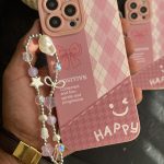 قاب موبایل آیفون پاپیون لبخند چهارخونه صورتی بندست ( بدون بند )